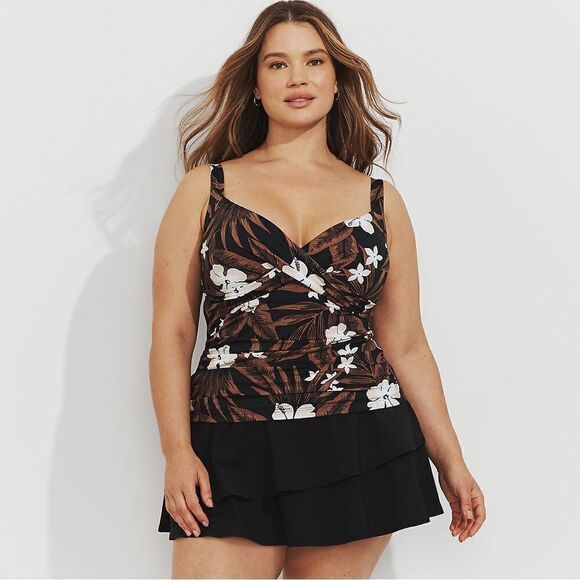 Land’s End Plus Standard Vneck wrap underwire black floral palm tankini Various - Picture 2 of 7